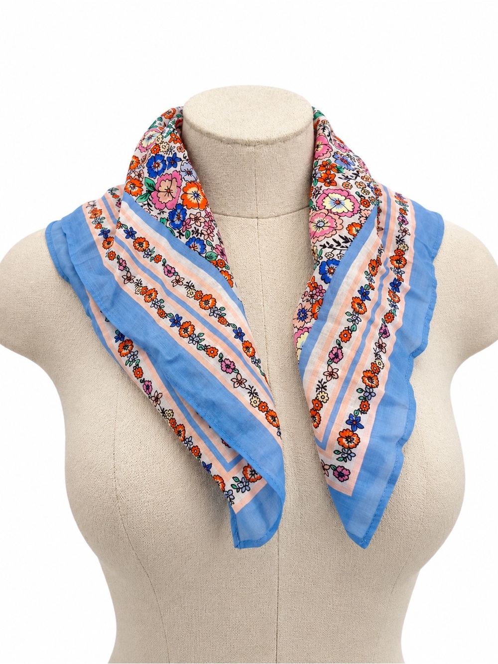 Vintage Floral Square Scarf Blue Pink Orange Cottagecore Neck Hair Accessory